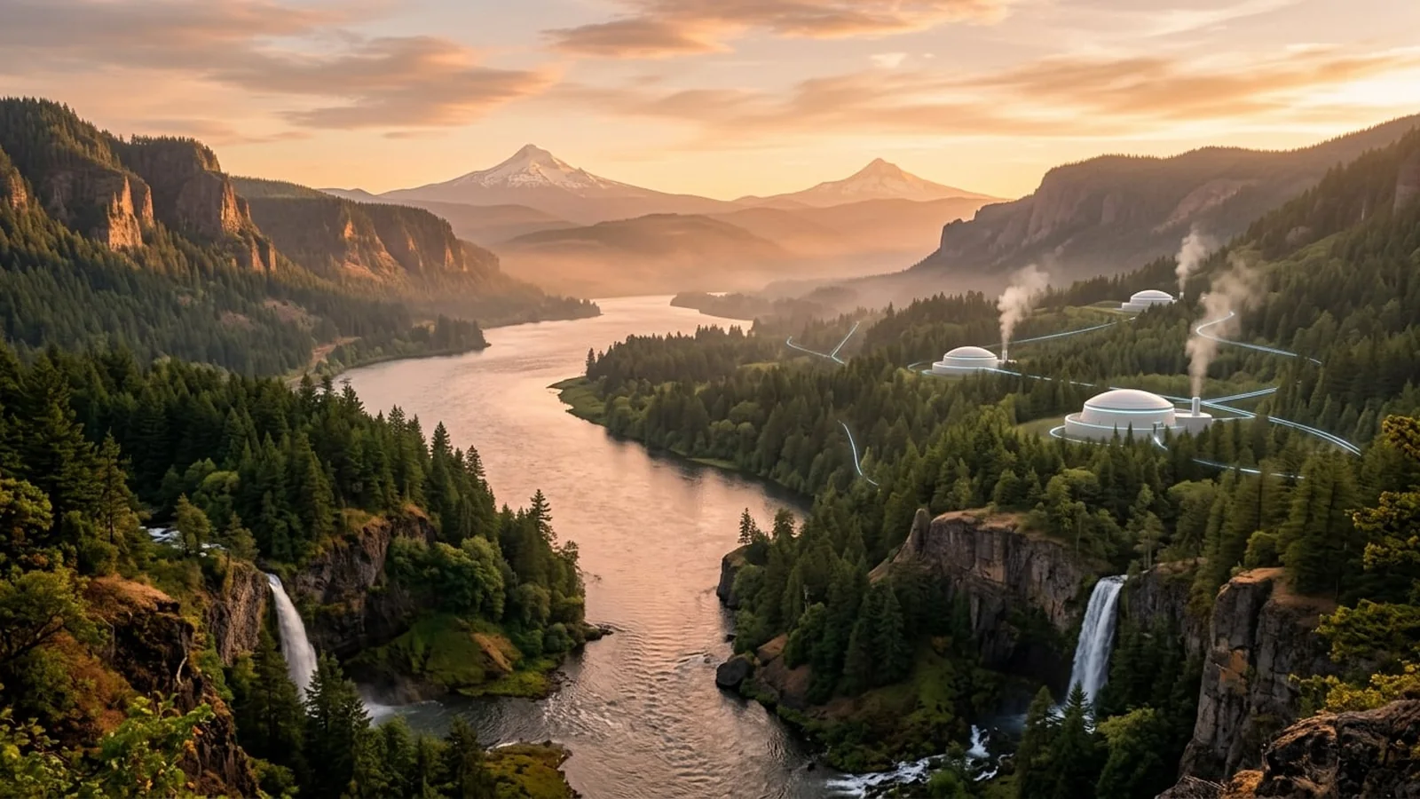 An optimistic, photorealistic vision of the energy future of Oregon: clean power, efficiency, and lower prices