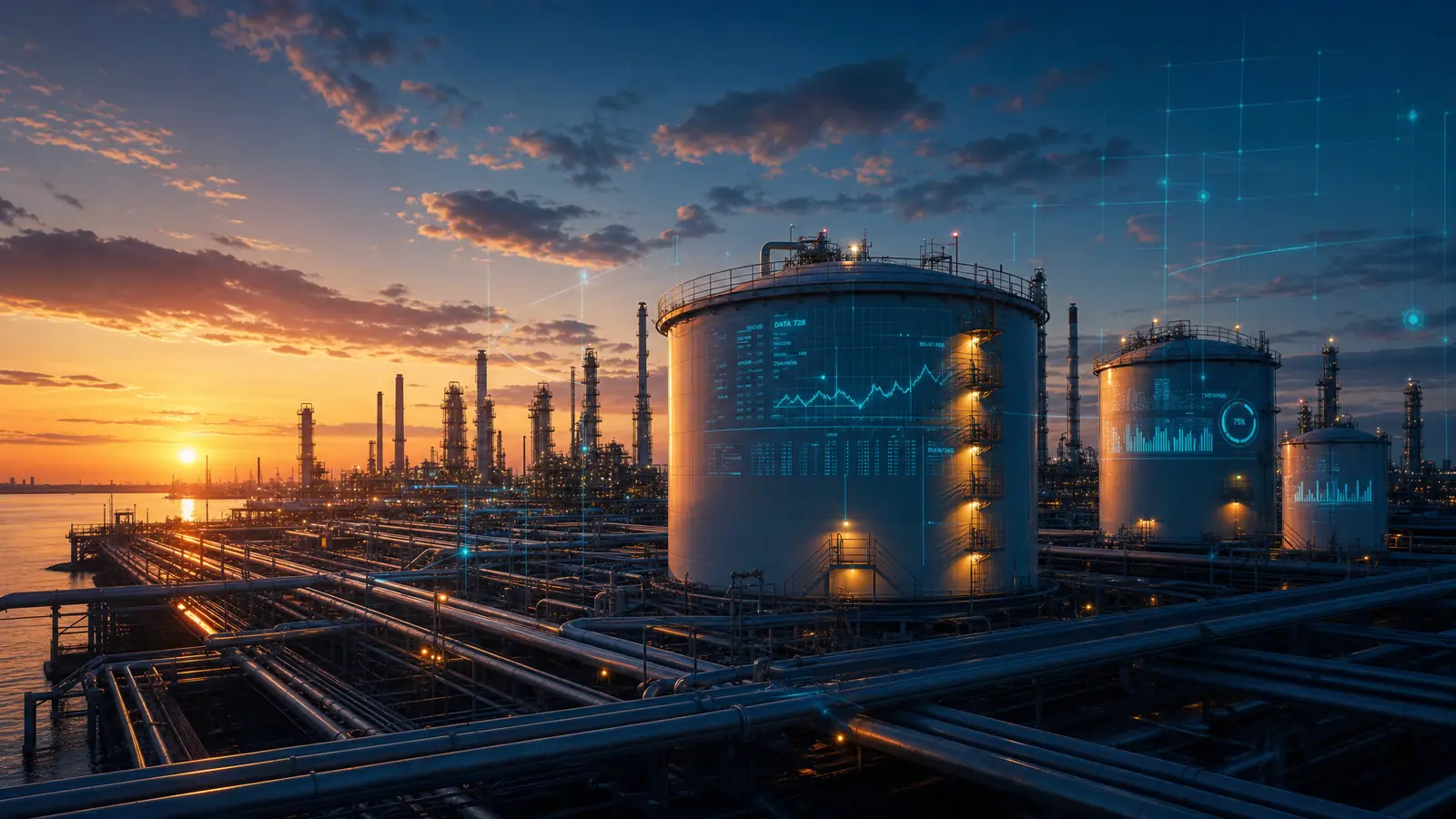 Una refinería de petróleo y campos de crudo que muestran cómo el crudo se convierte en gasolina