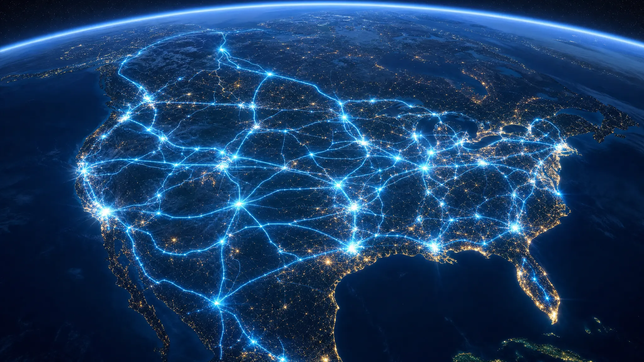 Aerial night view of a luminous transcontinental network connecting futuristic cities across the continent