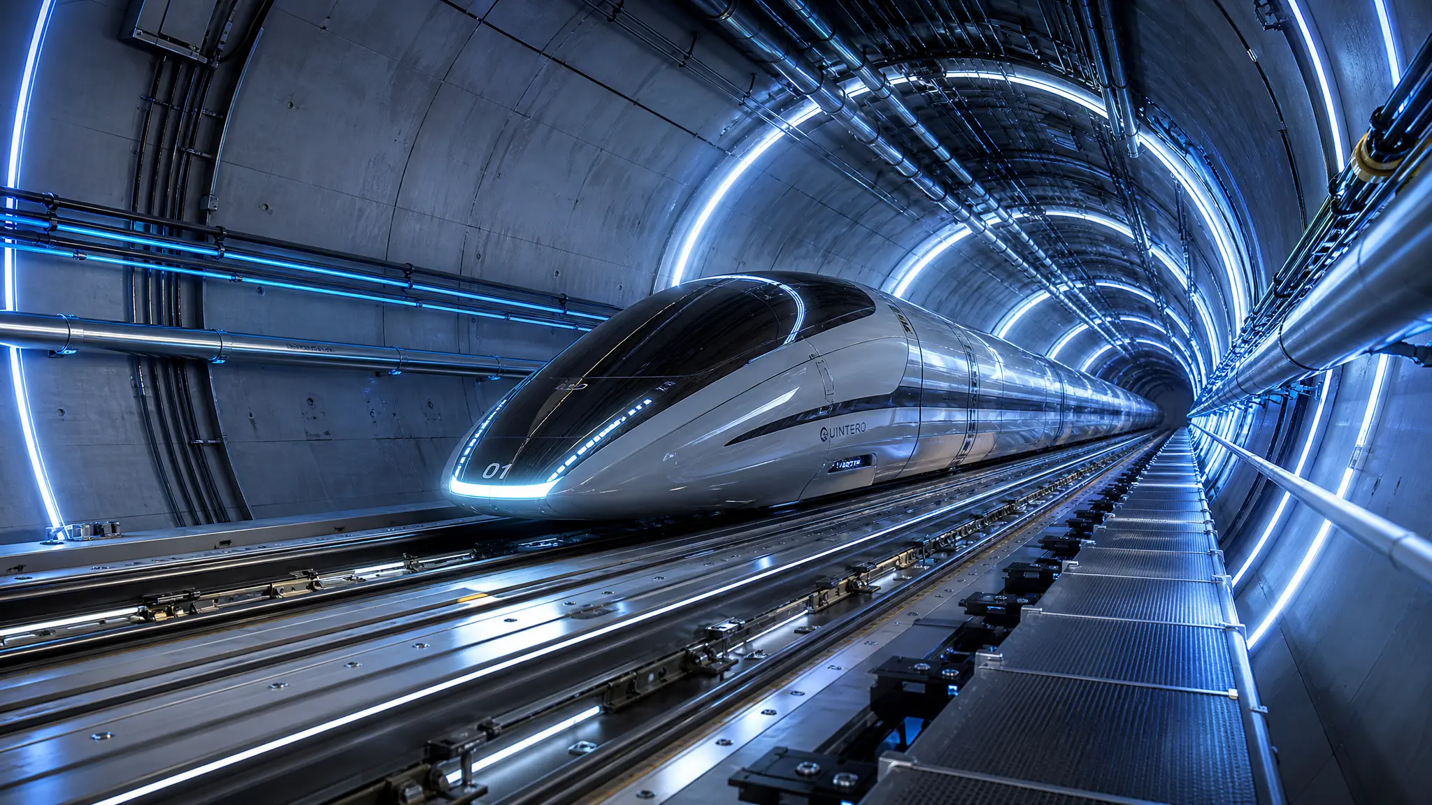 Interior view of a bored vacuum tube with maglev track and a capsule levitating amid glowing energy conduits