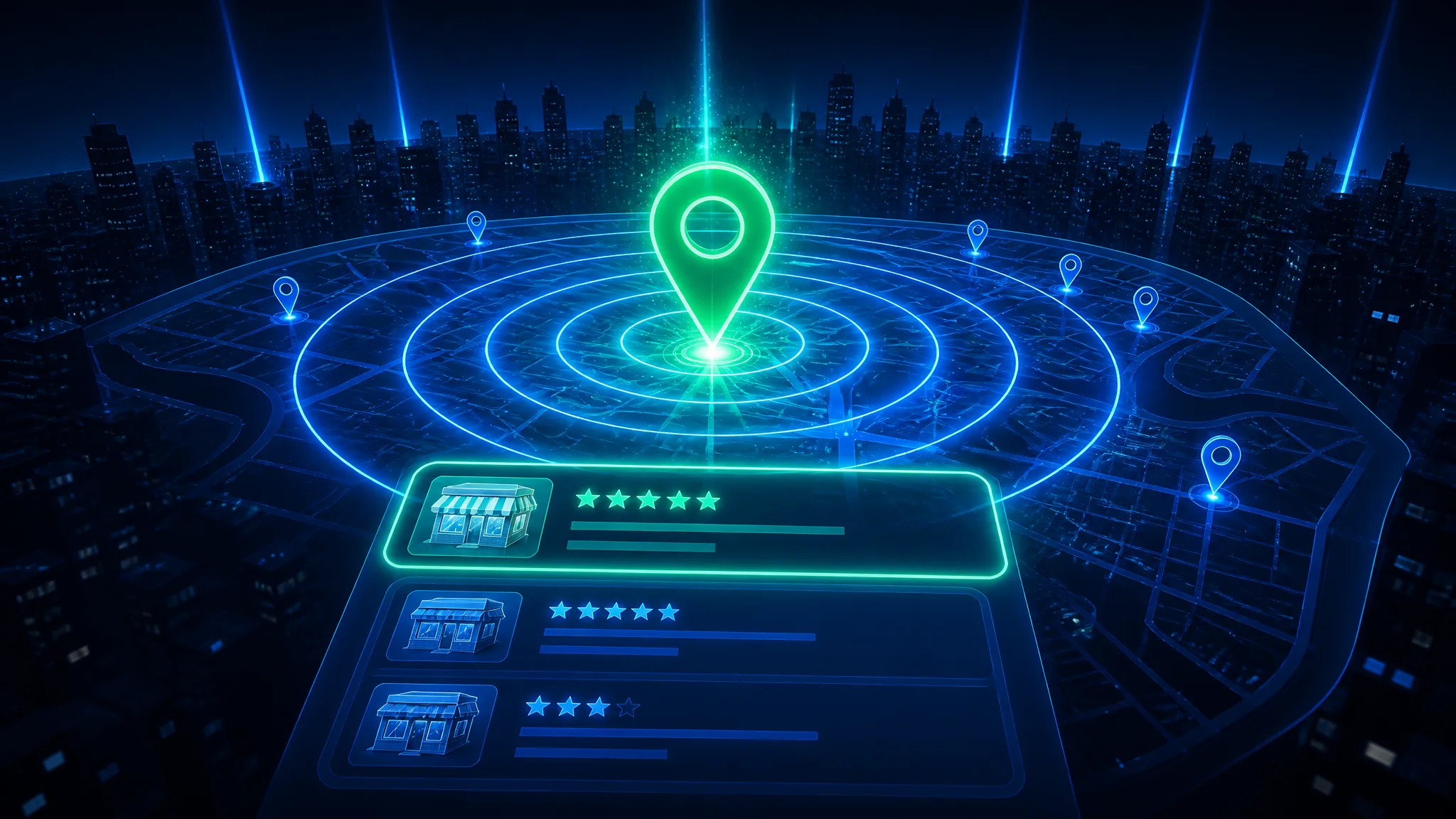 Resultados del paquete de mapas con marcadores de ubicación, valoraciones de estrellas y datos NAP que representan el SEO local y las búsquedas cercanas