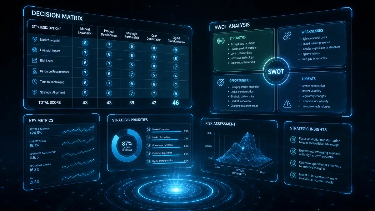 Holographic SWOT analysis and decision-making dashboard with glowing AI charts