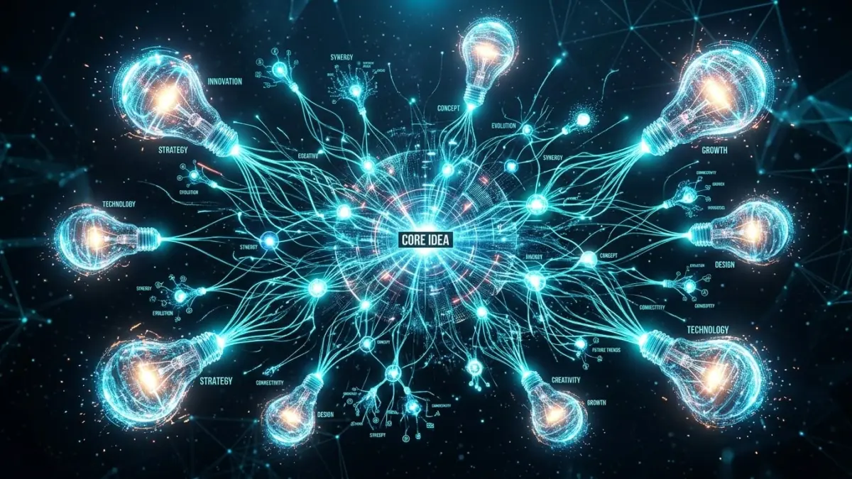 Futuristic mind map with glowing neural connections for AI brainstorming and ideation