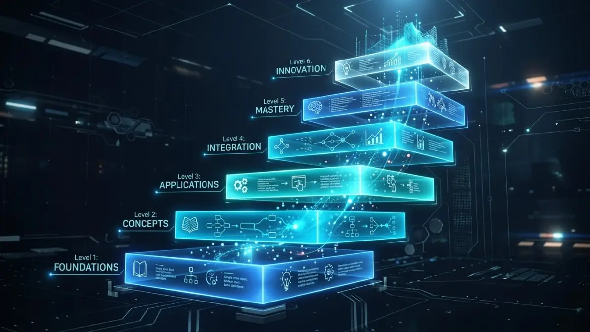 Ascending holographic knowledge layers representing AI explanation levels from simple to complex