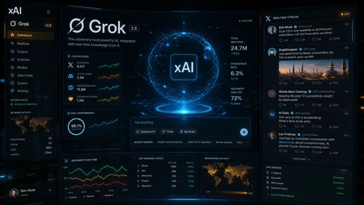 Futuristic AI interface showing Grok and xAI branding concept with real-time data feeds