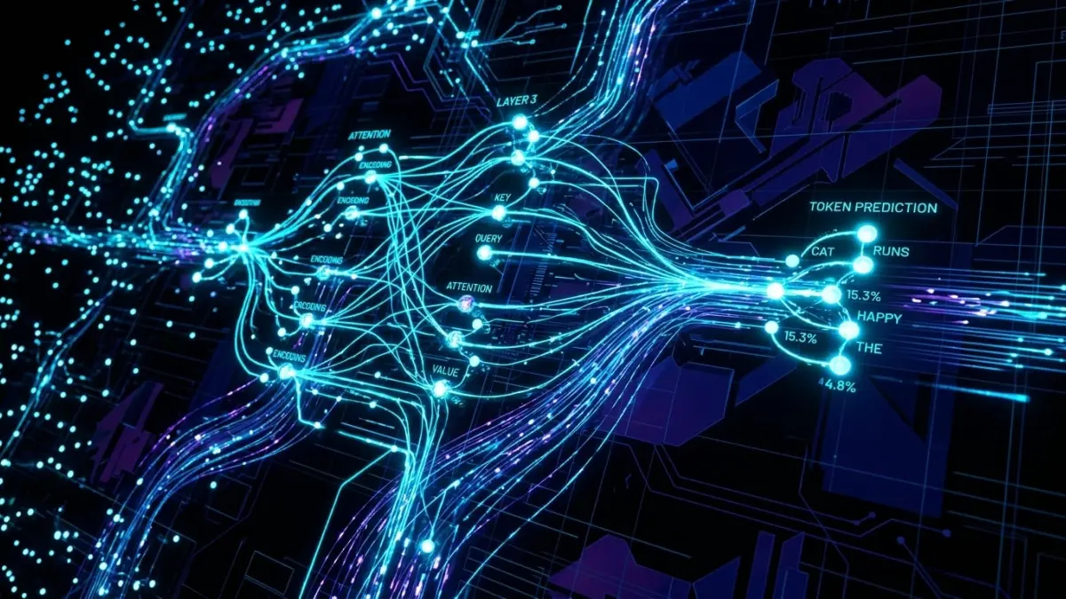 Abstract visualization of AI neural pathways and token prediction for prompt engineering