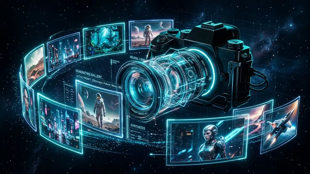 Cinematic photography concept with holographic camera lens and AI-generated image gallery
