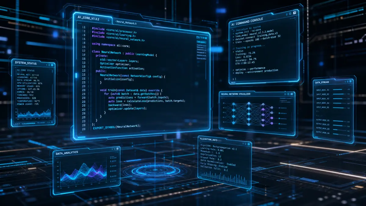 Holographic floating code blocks representing AI writing and style commands