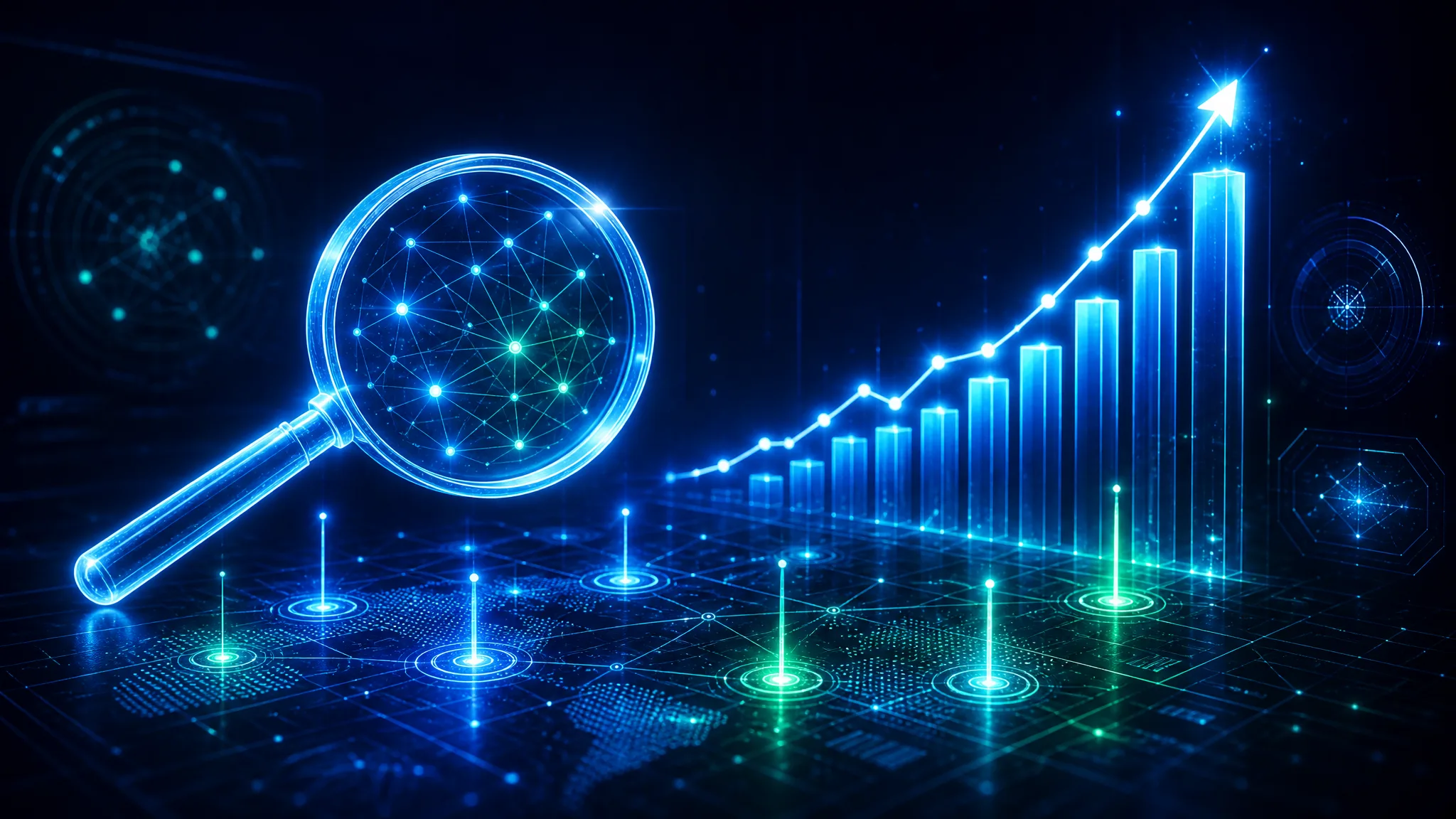 Interfaz futurista de resultados de búsqueda que visualiza señales de ranking orgánico y optimización de etiquetas de título