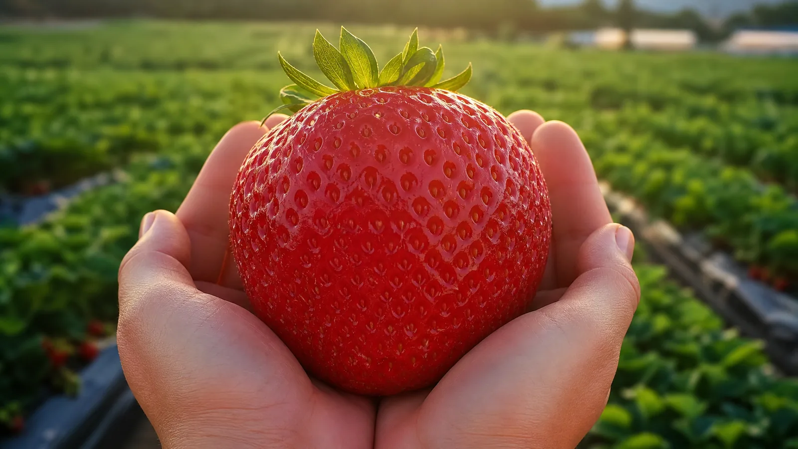 Hands cradling the predicted giant strawberry, the goal of the editing blueprint