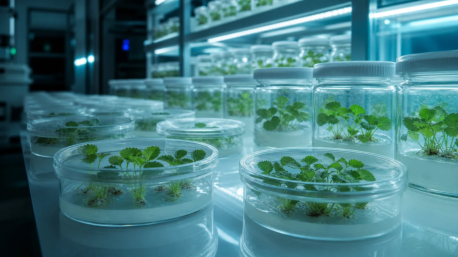 Transformed strawberry plantlets regenerating in sterile tissue culture