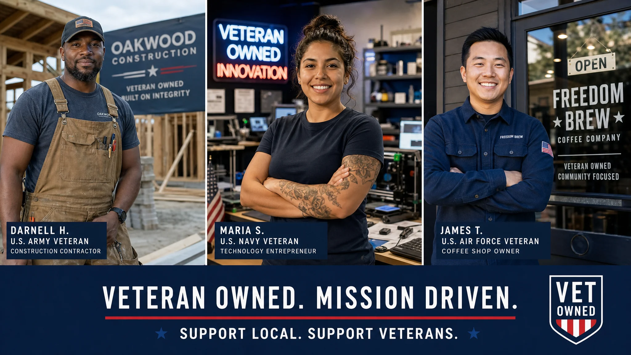 Diverse U.S. military veteran business owners working with pride
