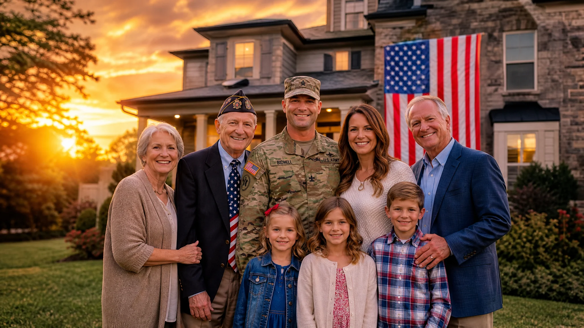 A thriving American military family in front of their home — building generational wealth