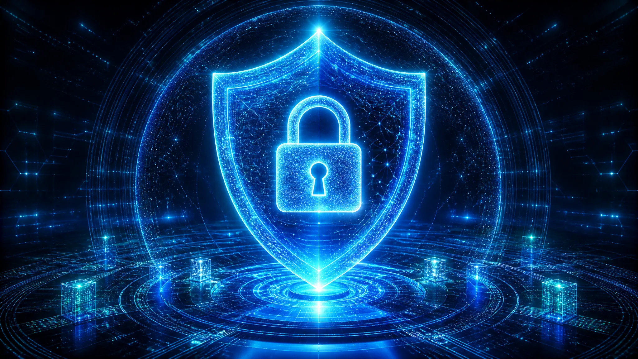 Escudo digital y candado que representan HTTPS, HSTS, Content-Security-Policy y la protección OWASP Top 10 de aplicaciones web